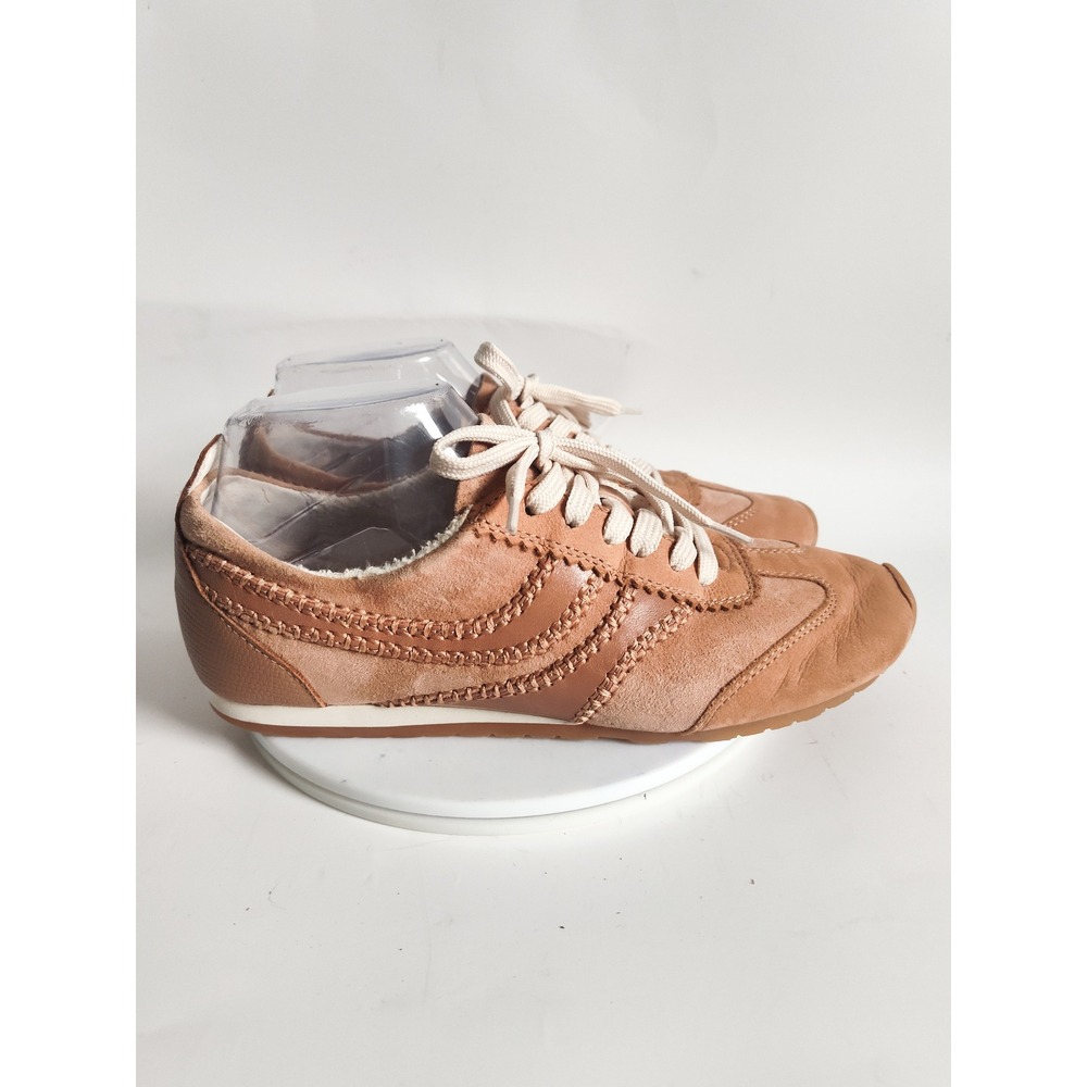 Dolce Vita Sneakers 7.5 Tan Leather Suede Scalloped Lace Up Low Top Casual